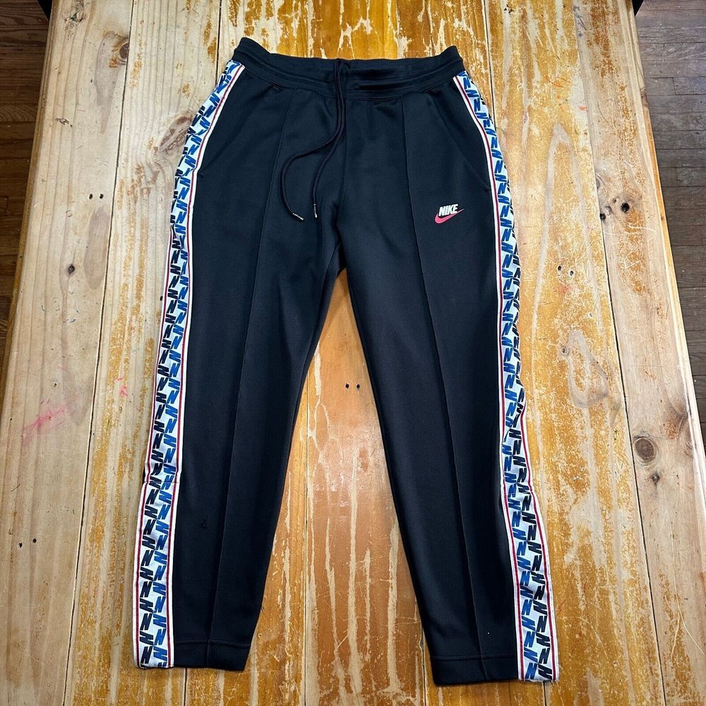 Vintage Nike Pants Womens Medium Black Graphic Line Red Tag Fleece 25" Inseam